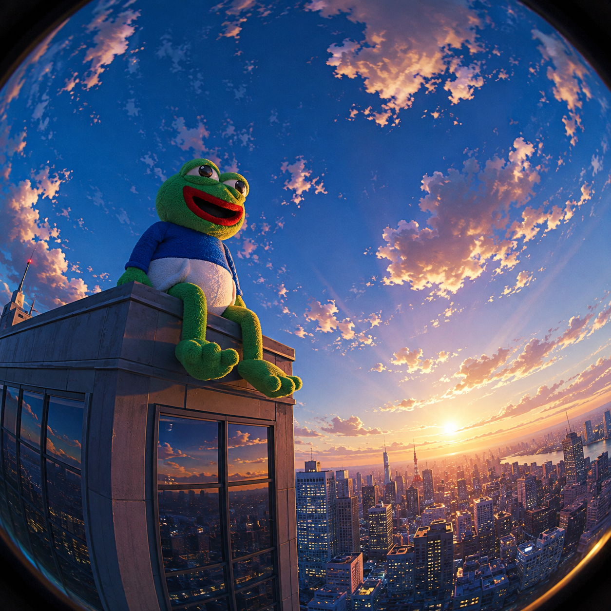 $BEBE frog perched on a skyscraper rooftop above the city at sunset