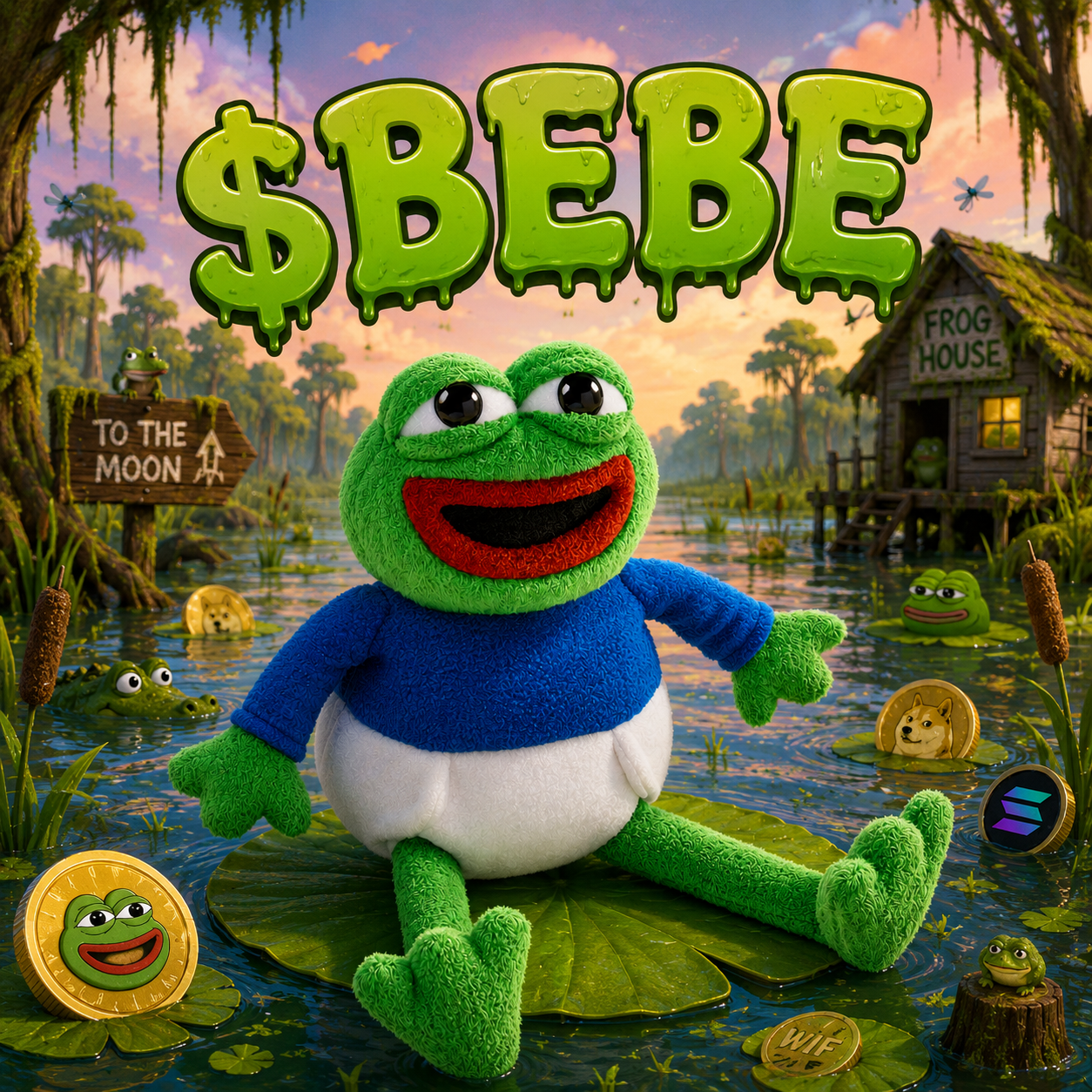 $BEBE plush frog sitting on a lily pad in the swamp surrounded by meme coins