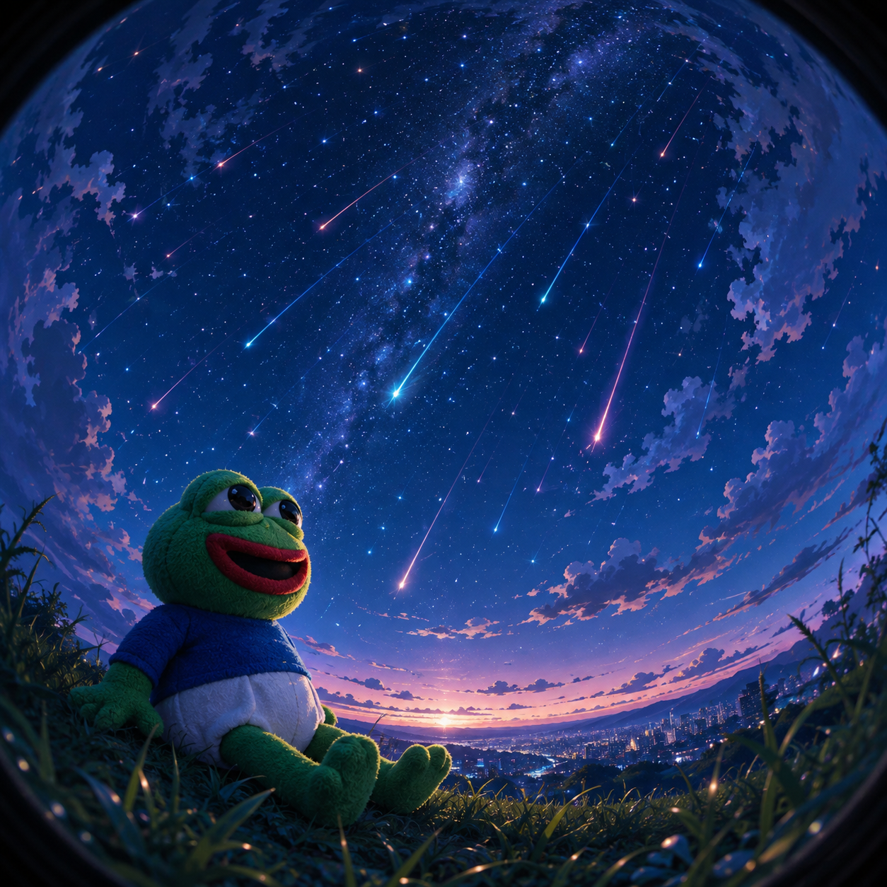 BEBE the frog gazing at a meteor shower over the swamp